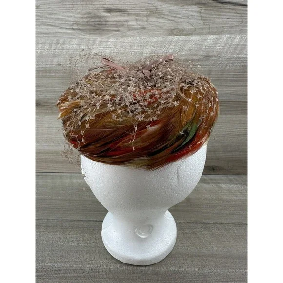1950s VTG Feather Turban Hat by Mr. Michael Exclusive Satin Bow Multicolor Retro